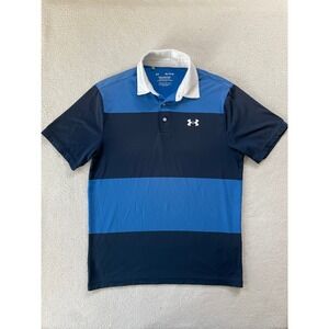 Under Armour Mens Medium Playoff Polo‎ Blue Striped White Collar Performance Tee